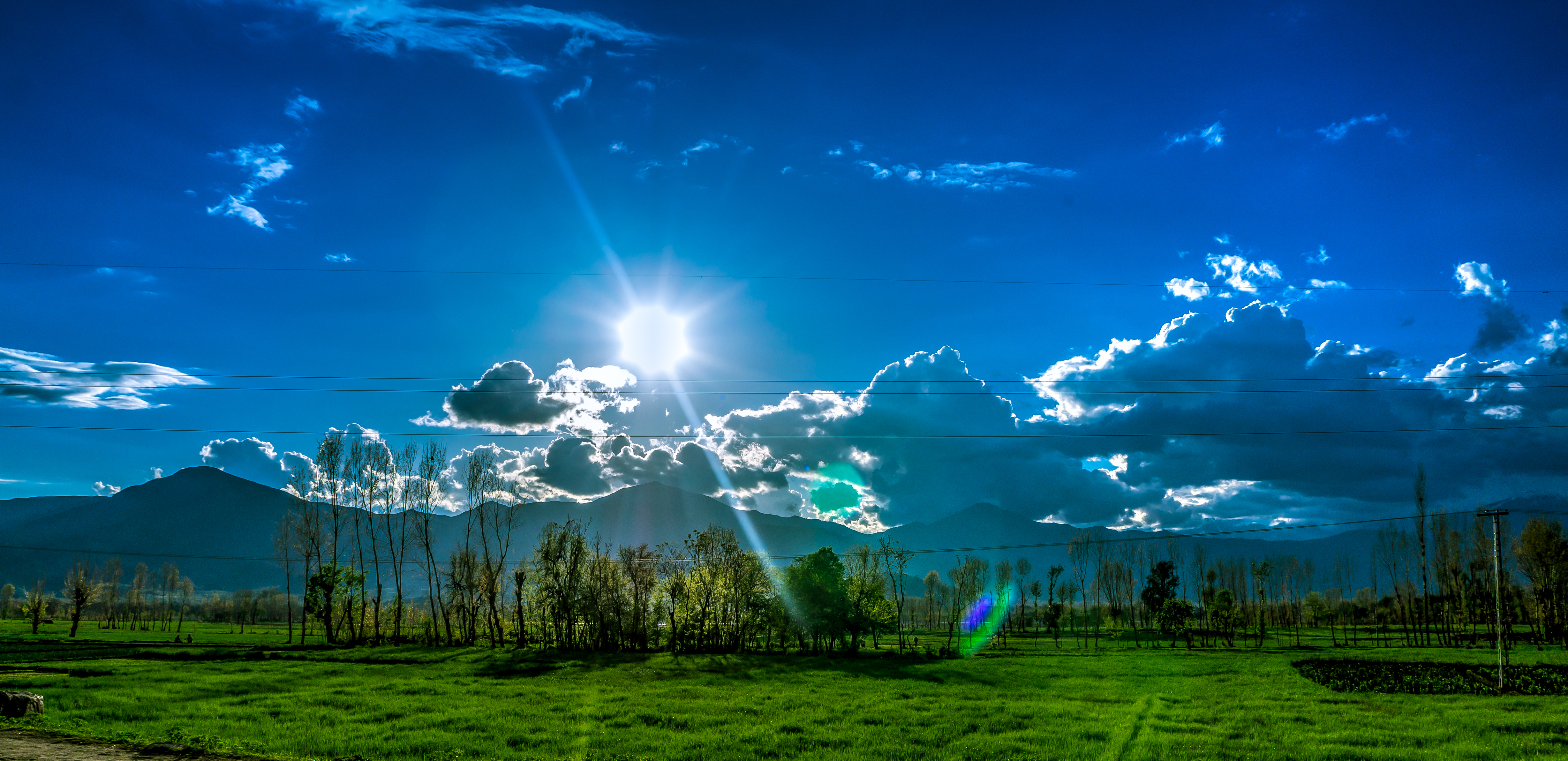 Grassy field with wispy clouds above