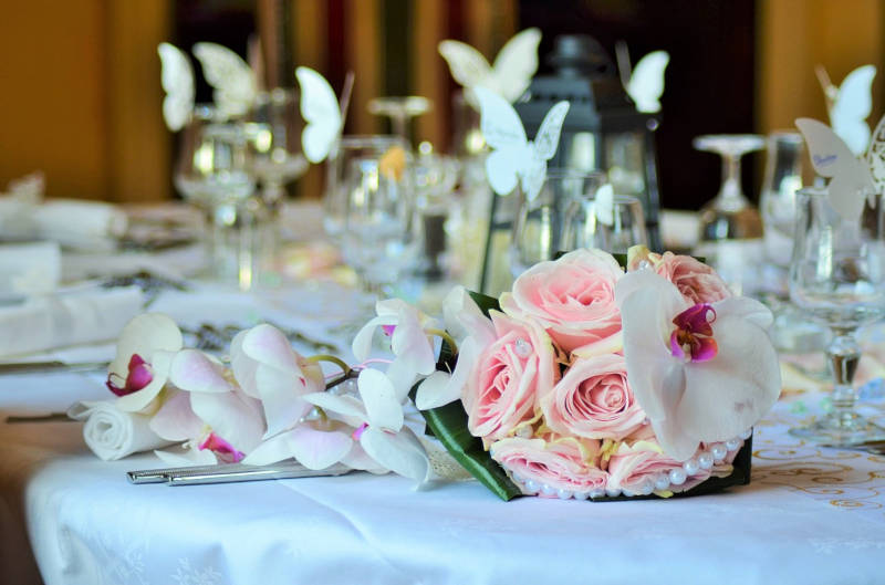 Wedding Reception with Flower Bouquet on Table