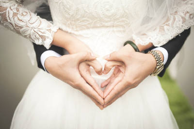 Bride and Groom with hands together forming hearts